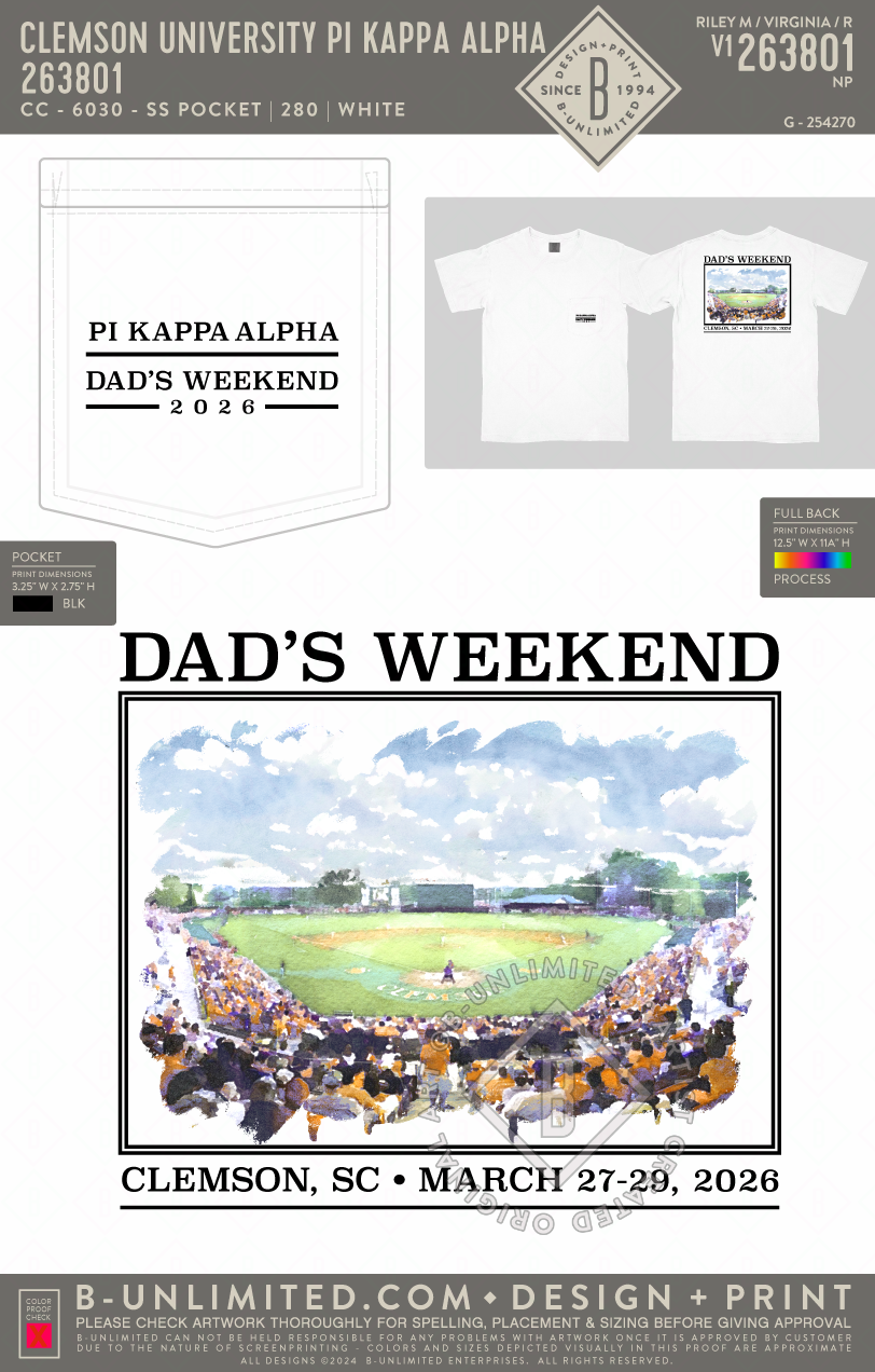 Clemson University Pi Kappa Alpha - Dad's Weekend(EOS26) - CC - 6030 - SS Pocket - White
