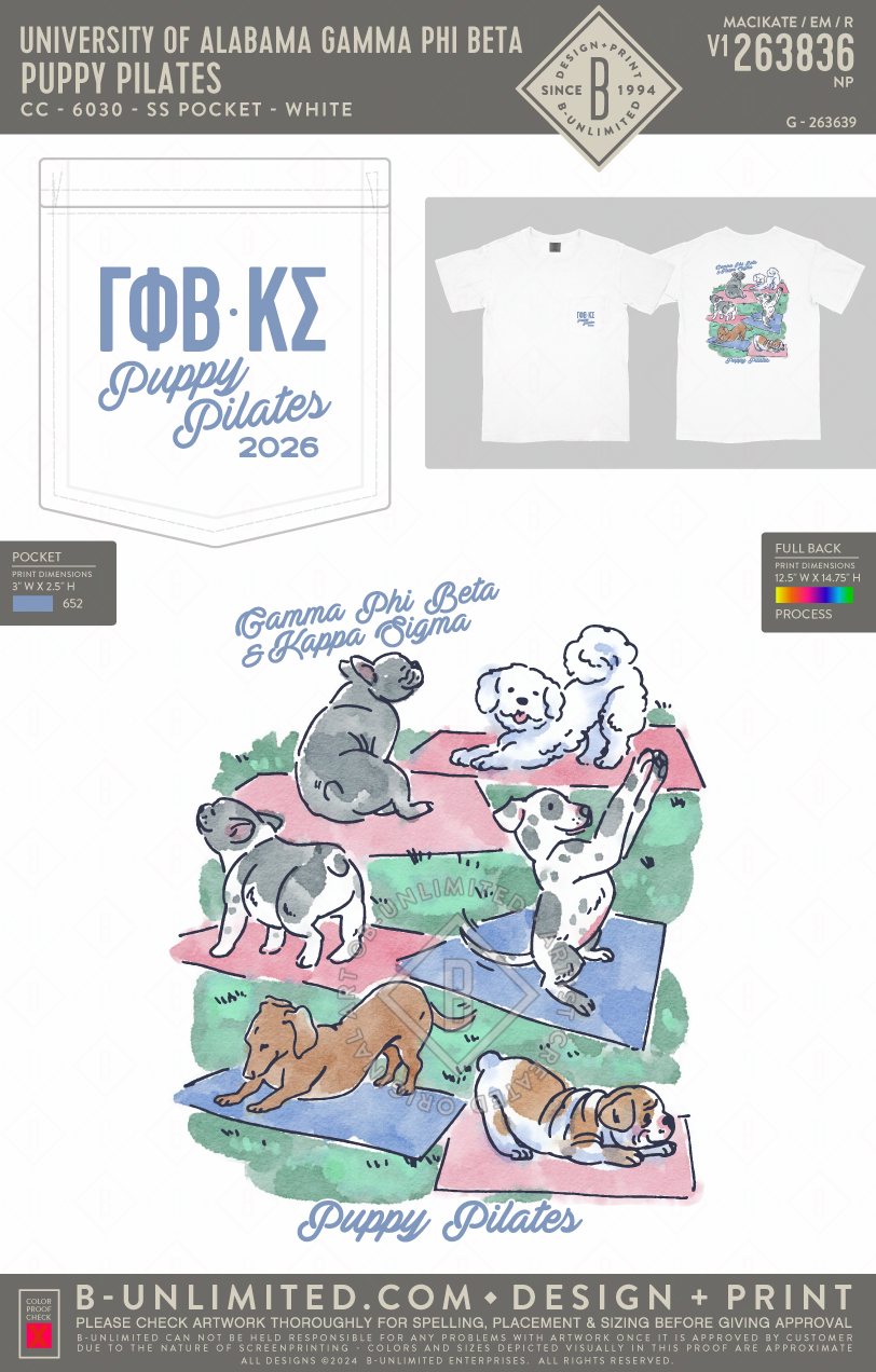 University of Alabama Gamma Phi Beta - Puppy Pilates (EOS26) - CC - 6030 - SS Pocket - White