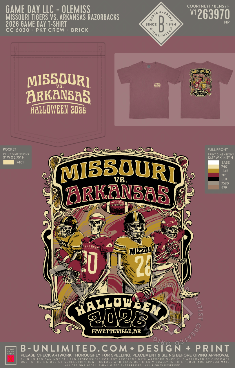 B-Unlimited Game Day - Missouri Tigers vs. Arkansas Razorbacks 2026 Game Day T-Shirt (WS) - CC - 6030 - SS Pocket - Brick