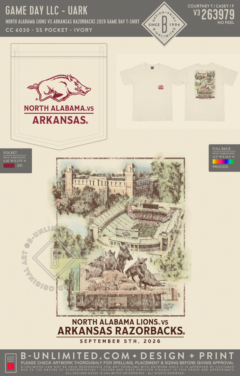 B-Unlimited Game Day - North Alabama Lions vs Arkansas Razorbacks 2026 Game Day T-Shirt (WS) - CC - 6030 - SS Pocket - Ivory