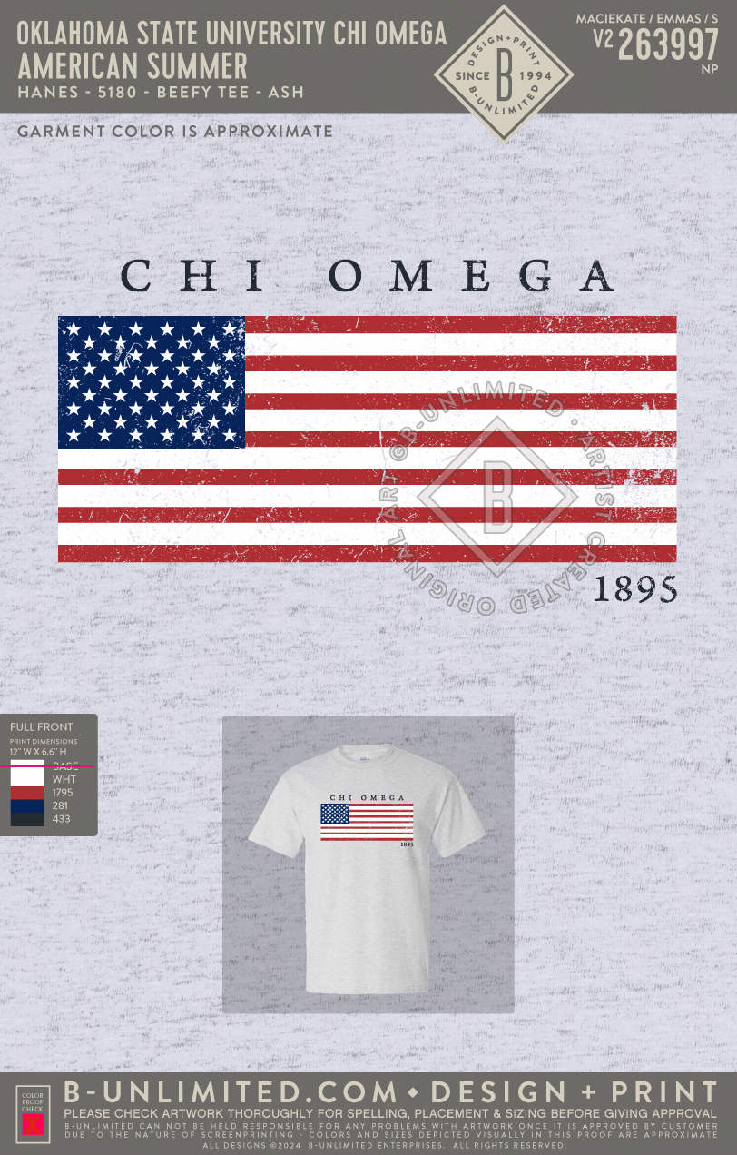 Oklahoma State University Chi Omega - American Summer (EOS26) - Hanes - 5180 - SS Beefy Crew - Ash