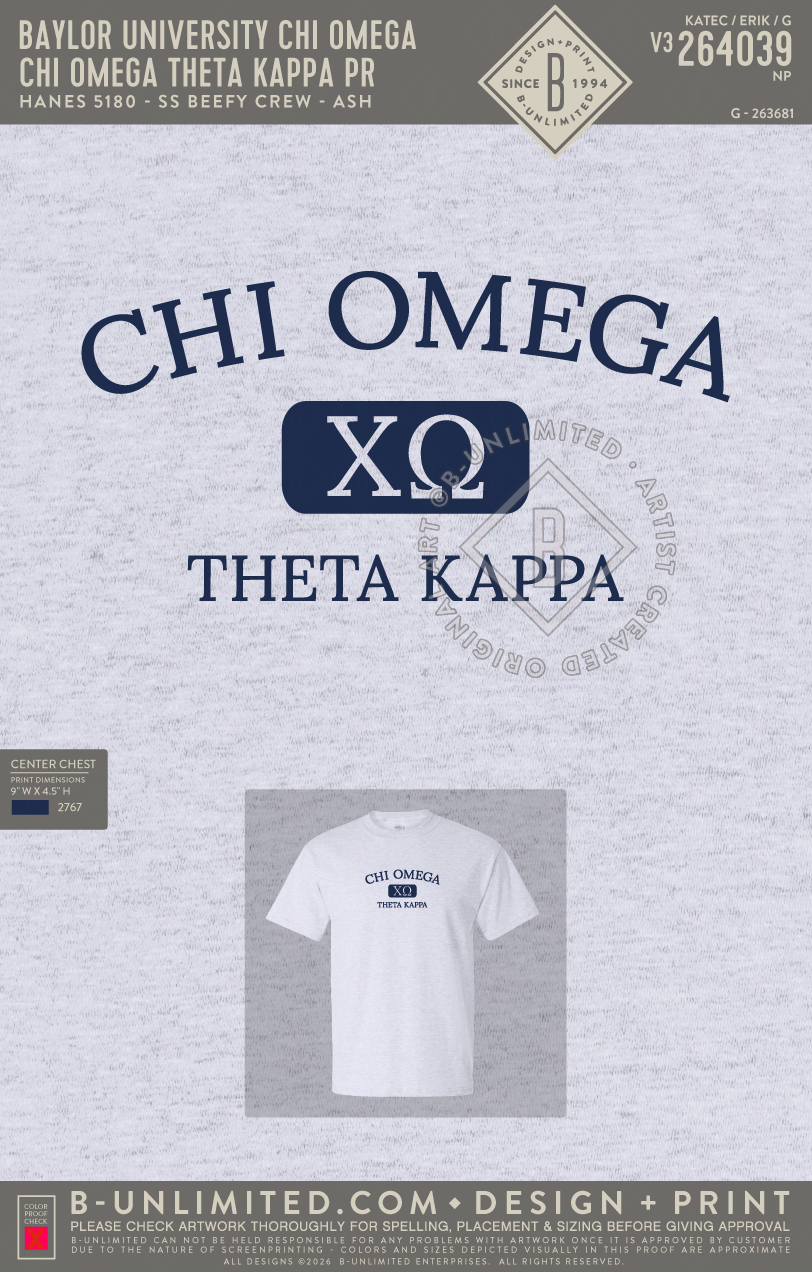 Baylor University Chi Omega - Chi Omega Theta Kappa PR (EOS26) - Hanes - 5180 - SS Beefy Crew - Ash