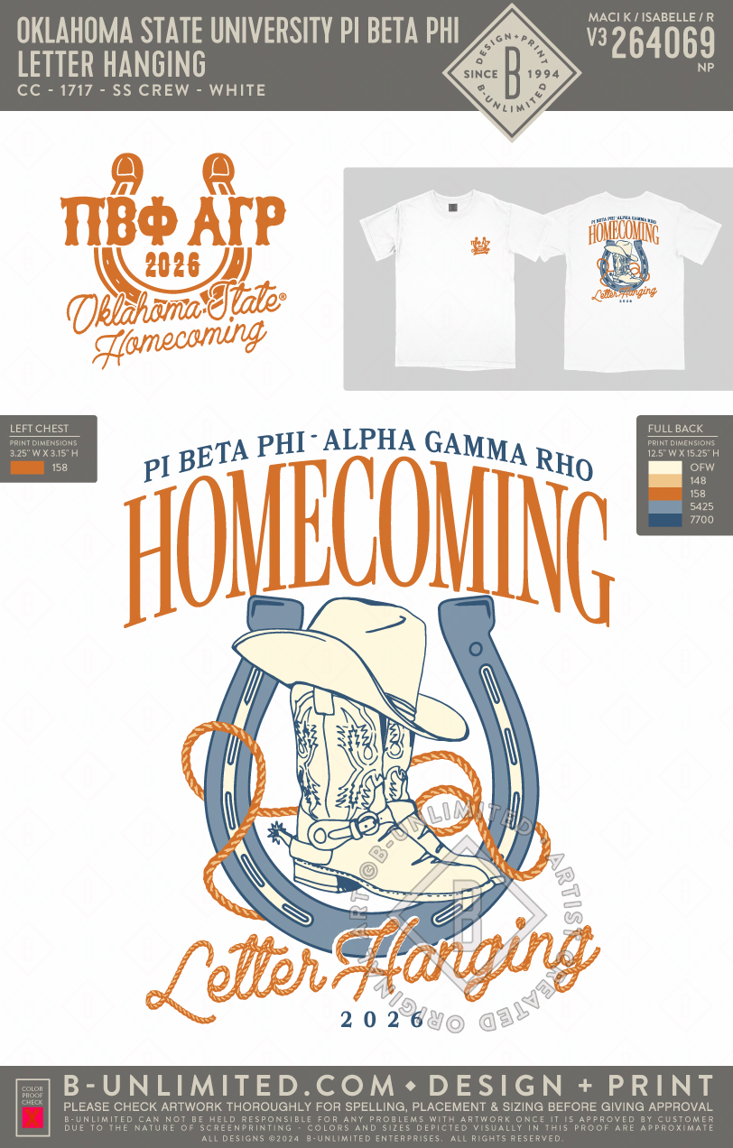 Oklahoma State University Pi Beta Phi - Letter Hanging (EOS26) - CC - 1717 - SS Crew - White