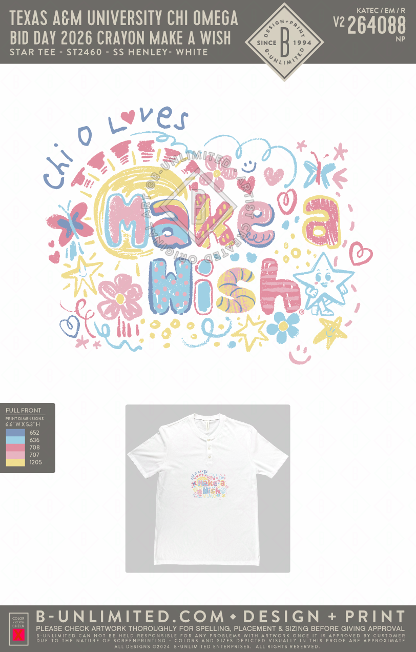 Texas A&M University Chi Omega - Bid Day 2026 Crayon Make a Wish - Star Tee - ST2460 - SS Henley - White