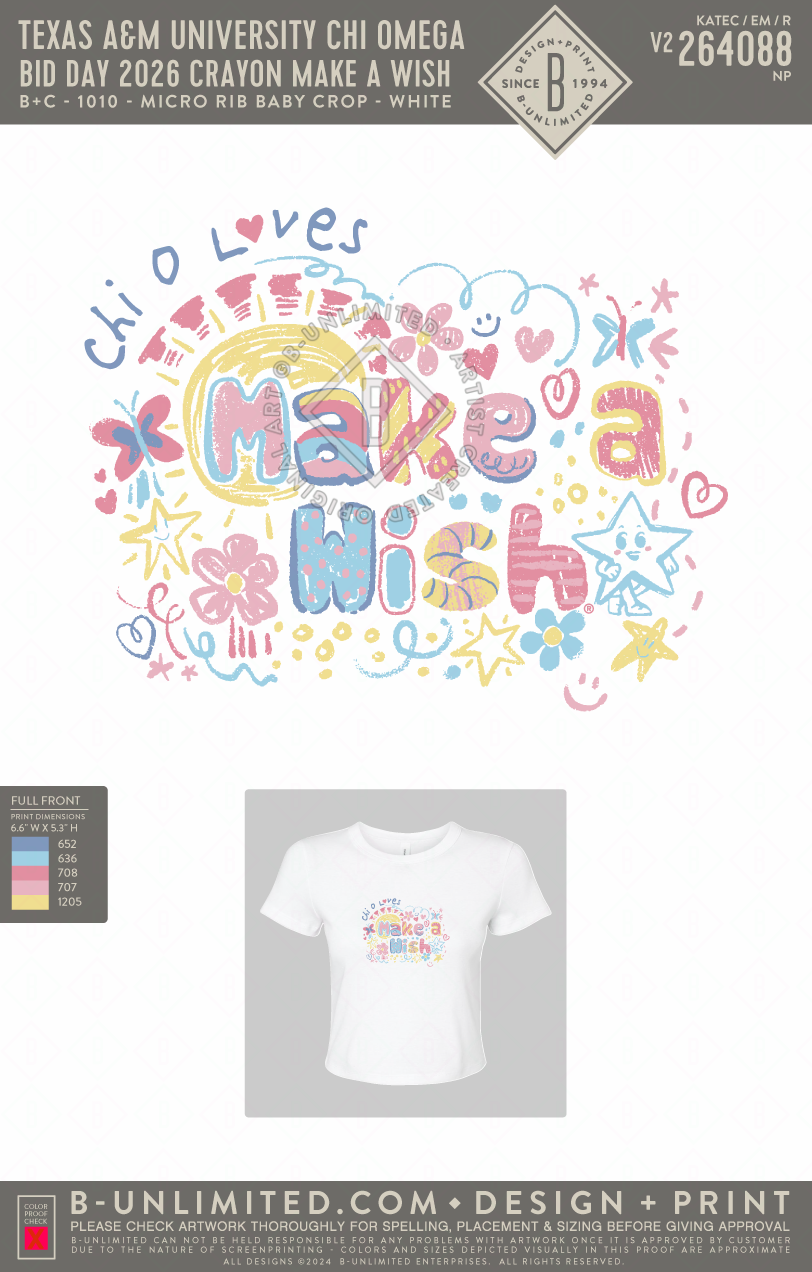 Texas A&M University Chi Omega - Bid Day 2026 Crayon Make a Wish - B+C - 1010 - SS Crew - Solid White Blend