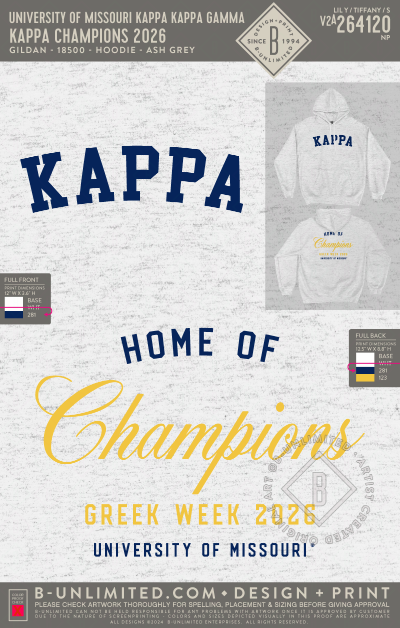 University of Missouri Kappa Kappa Gamma - Kappa Champions 2026 (EOS26) - Gildan - 18500 - Hoodie - Ash Grey