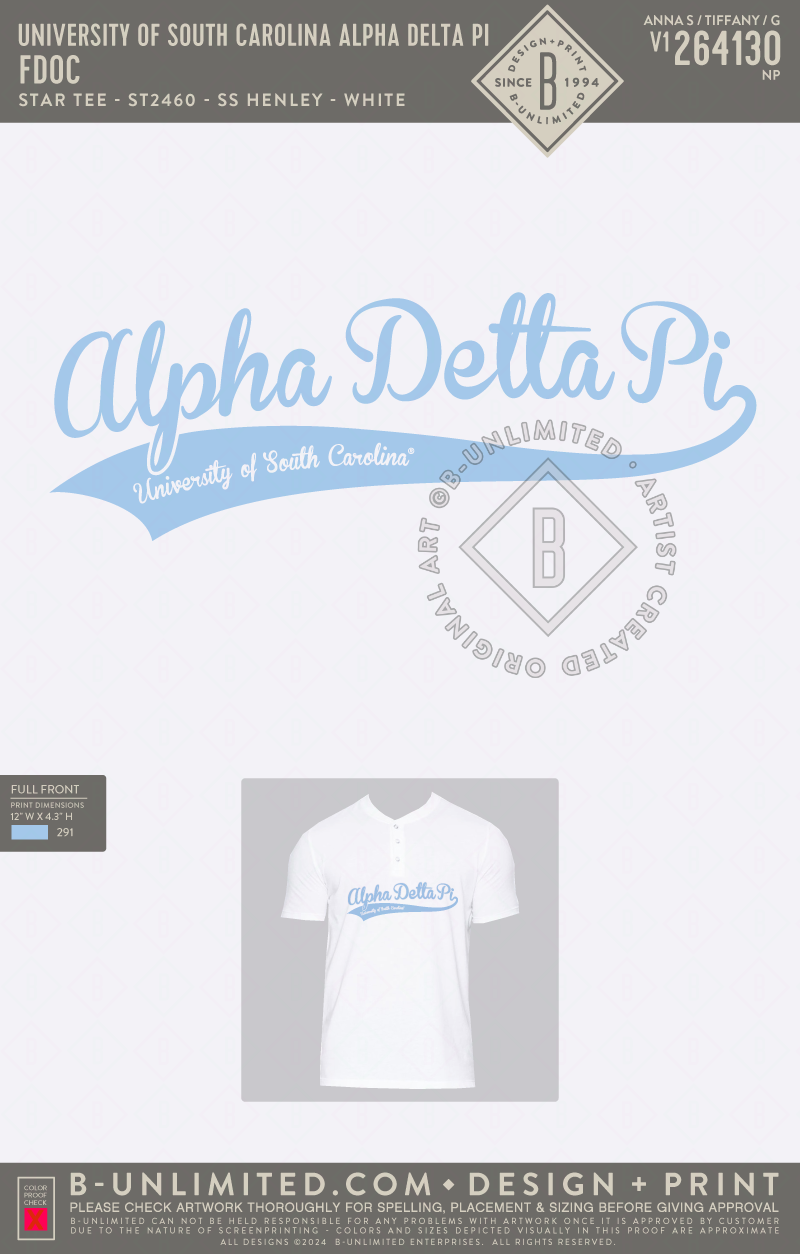 University of South Carolina Alpha Delta Pi - FDOC - Star Tee - ST2460 - SS Henley - White