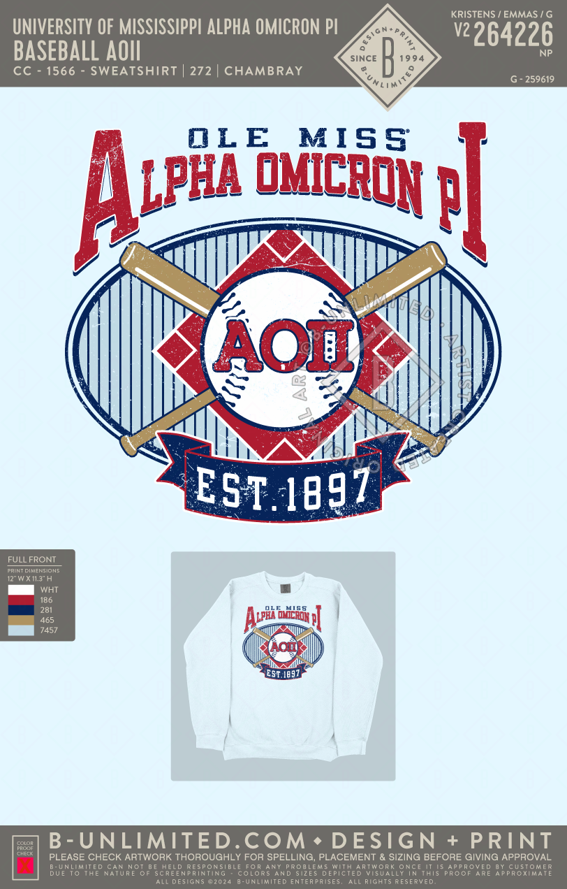 University of Mississippi Alpha Omicron Pi - Baseball AOII (EOS26) - CC - 1566 - Sweatshirt - Chambray
