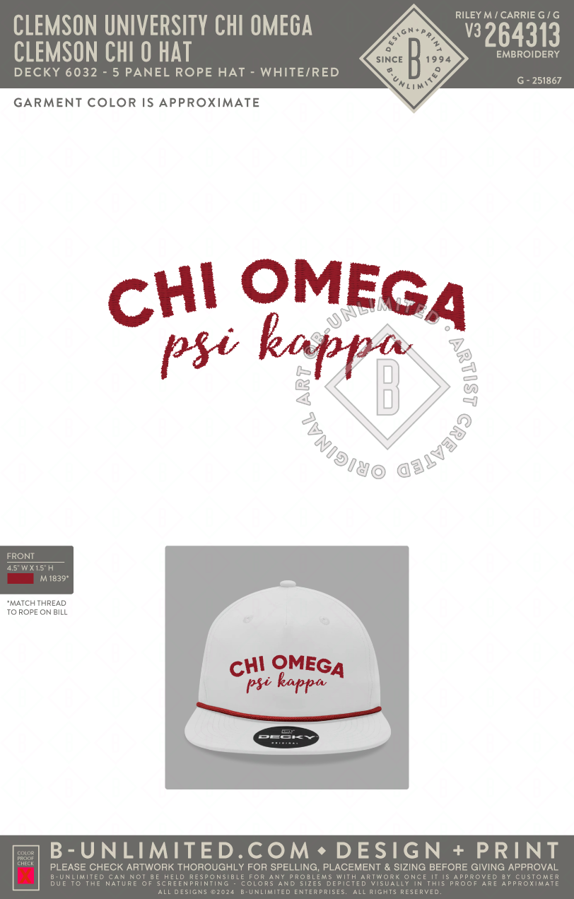 Clemson University Chi Omega - Clemson Chi O Hat - Decky - 6032 - 5 Panel High Profile Cotton/Poly Blend Rope Hat - White/Red