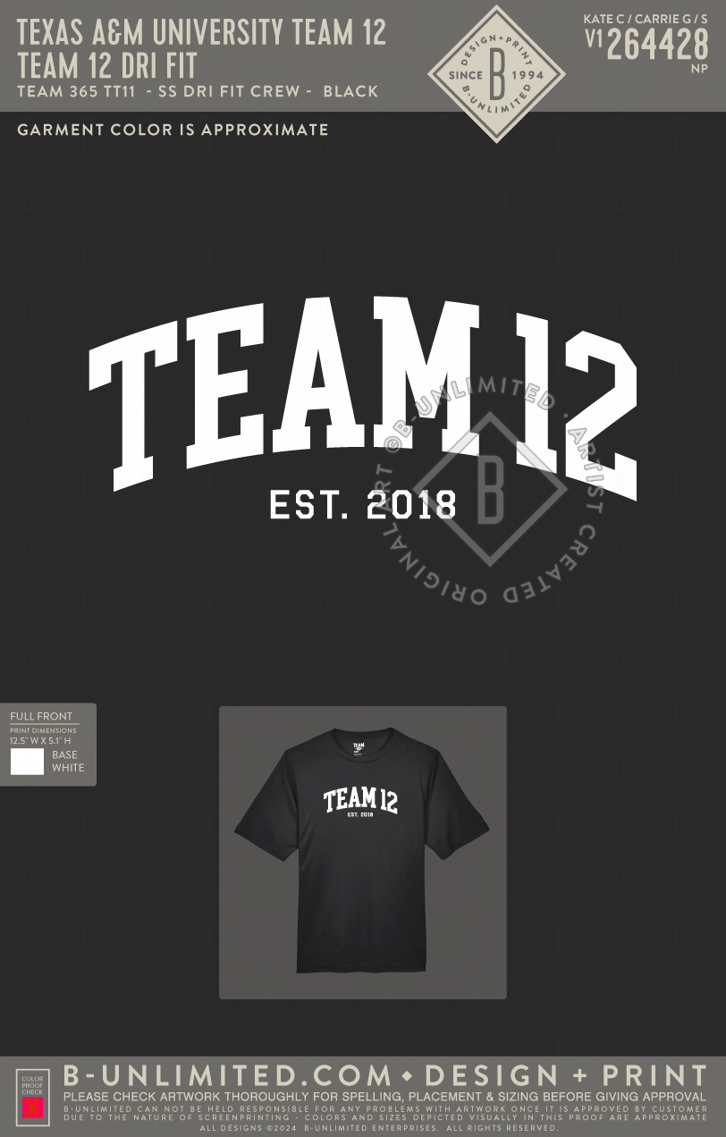 Texas A&M University Team 12 - Team 12 Dri Fit - Team 365 - TT11 - SS Dri Fit Crew - Black
