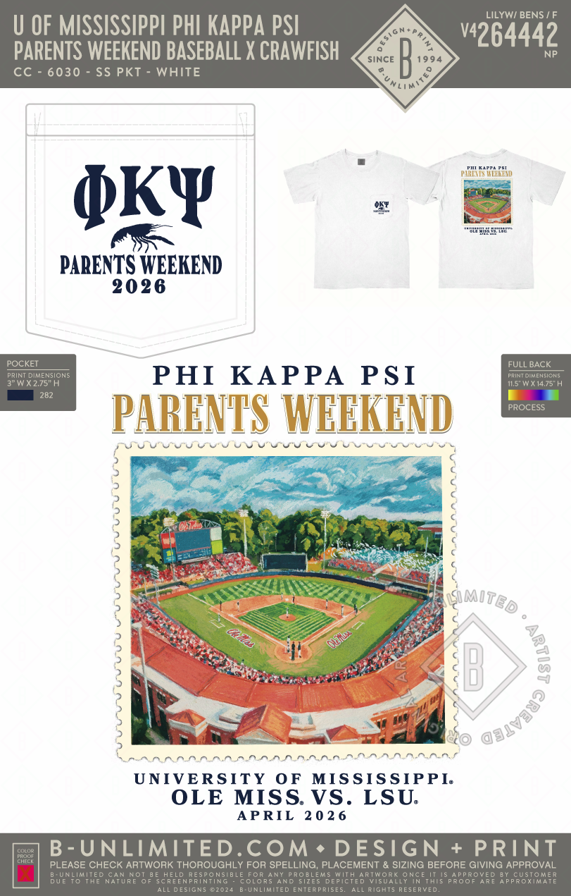 University of Mississippi Phi Kappa Psi - Parents Weekend Baseball x Crawfish (EOS26) - CC - 6030 - SS Pocket - White