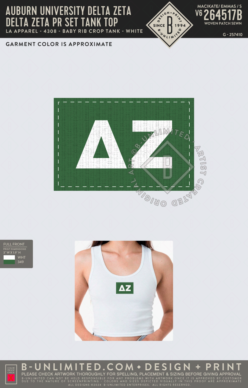 Auburn University Delta Zeta - Delta Zeta PR Set Tank Top - LA Apparel - 4308 - Baby Rib Crop Tank - White