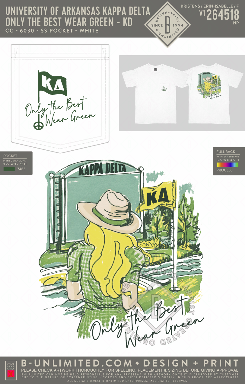 University of Arkansas Kappa Delta - Only the Best Wear Green - KD (EOS26) - CC - 6030 - SS Pocket - White