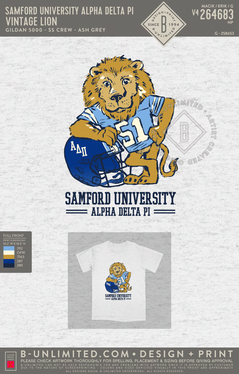 Samford University Alpha Delta Pi - Vintage Lion - Gildan - 5000 - SS Crew - Ash Grey