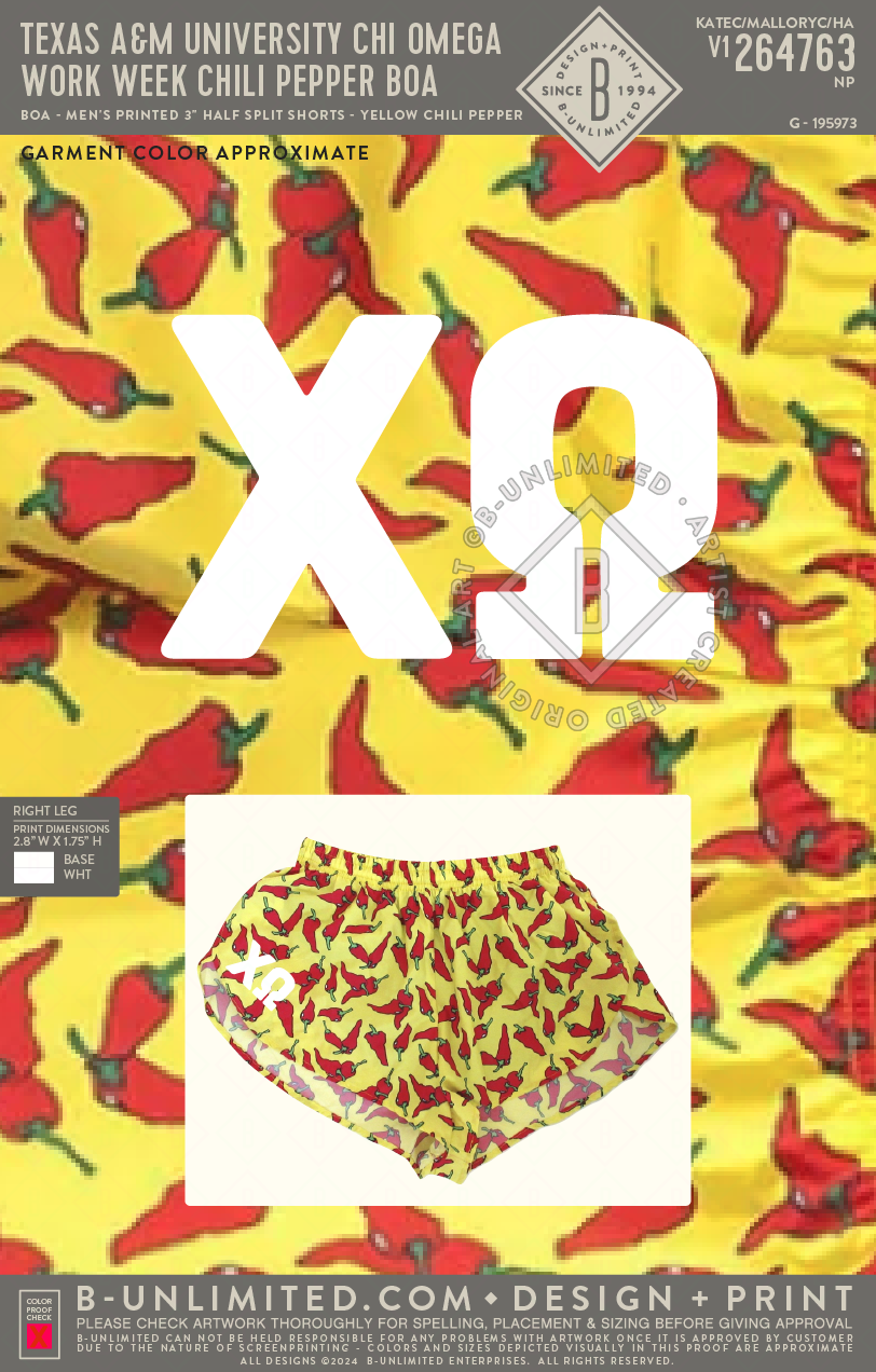 Texas A&M University Chi Omega - Work Week Chili Pepper Boa - BOA - Men's Printed 3" Half Split Shorts - Yellow Chili Pepper - Yellow Chili Pepper