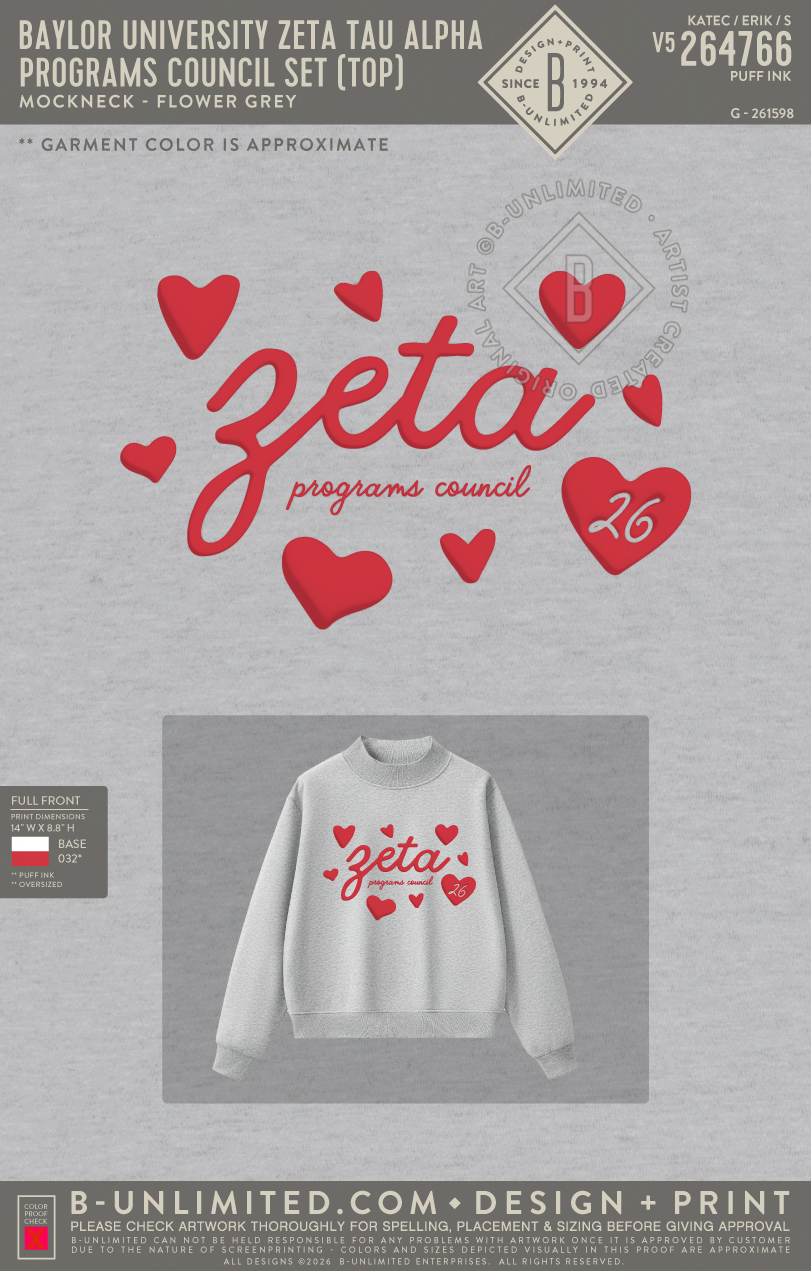 Baylor University Zeta Tau Alpha - Programs Council Set (Top) - Tap Stitch - WW0004-P001-V2 - Mockneck Crewneck Sweatshirt - Flower Grey