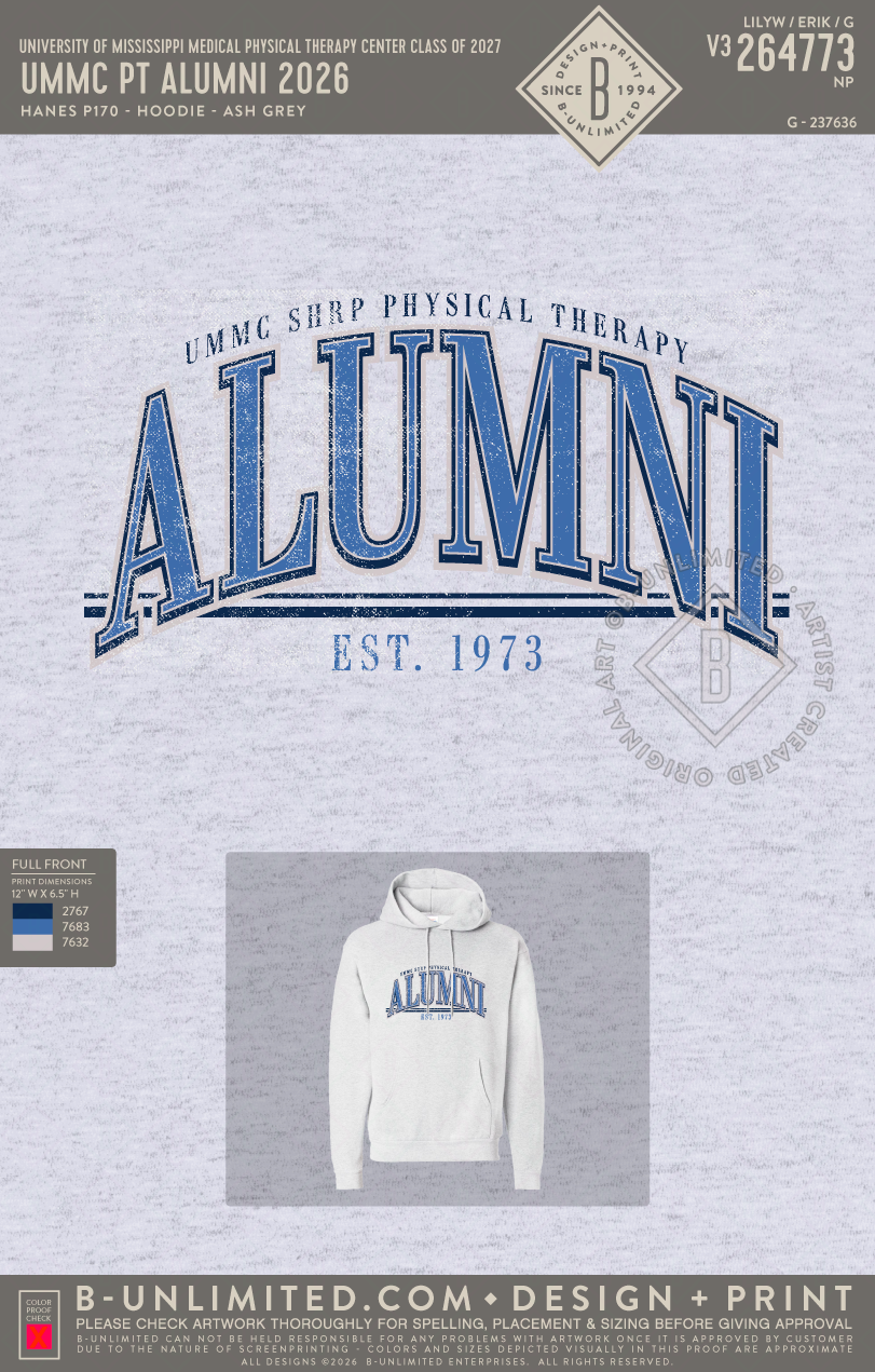 University of Mississippi Medical Physical Therapy Center Class of 2027 - UMMC PT Alumni 2026 - Hanes - P170 - Hoodie - Ash