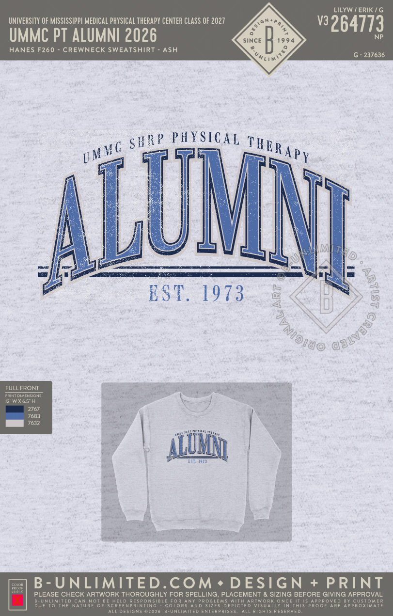 University of Mississippi Medical Physical Therapy Center Class of 2027 - UMMC PT Alumni 2026 - Hanes - F260 - Sweatshirt - Ash