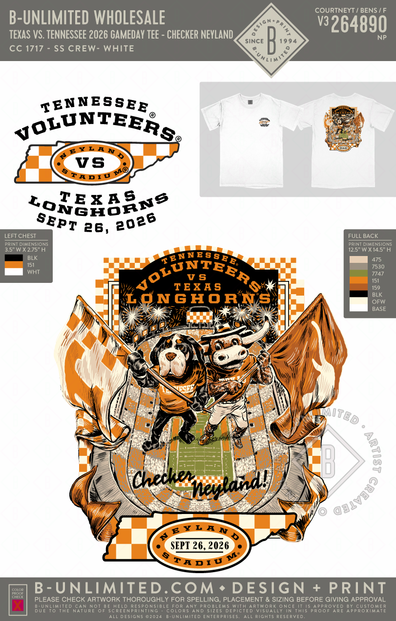 B-Unlimited Game Day - Texas vs. Tennessee 2026 Gameday tee - Checker Neyland (WS) - CC - 1717 - SS Crew - White