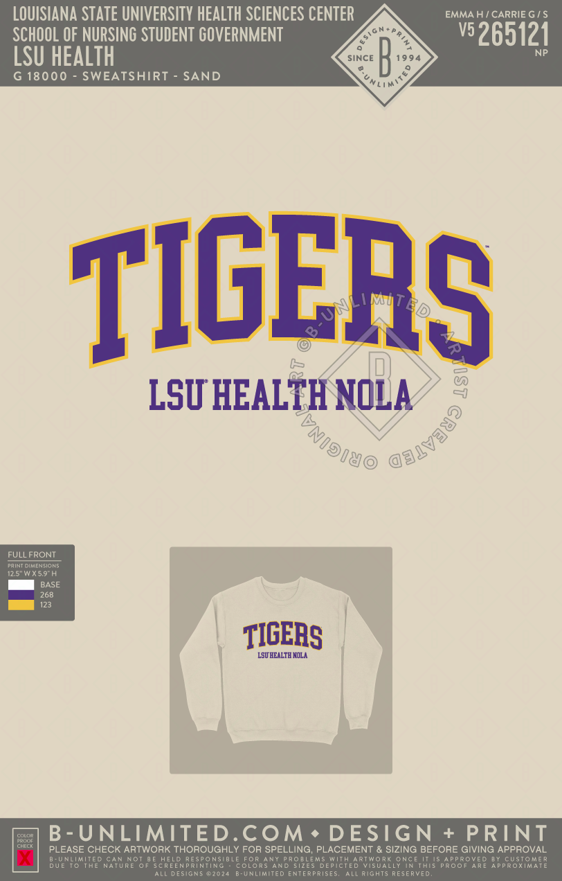 Louisiana State University Health Sciences Center School of Nursing Student Government - LSU Health - Gildan - 18000 - Crewneck Sweatshirt - Sand
