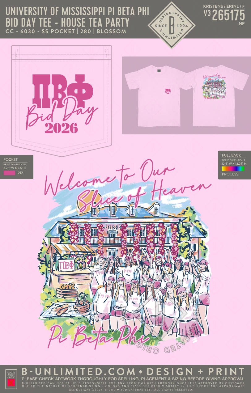 University of Mississippi Pi Beta Phi - Bid Day Tee - House Tea Party - CC - 6030 - SS Pocket - Blossom