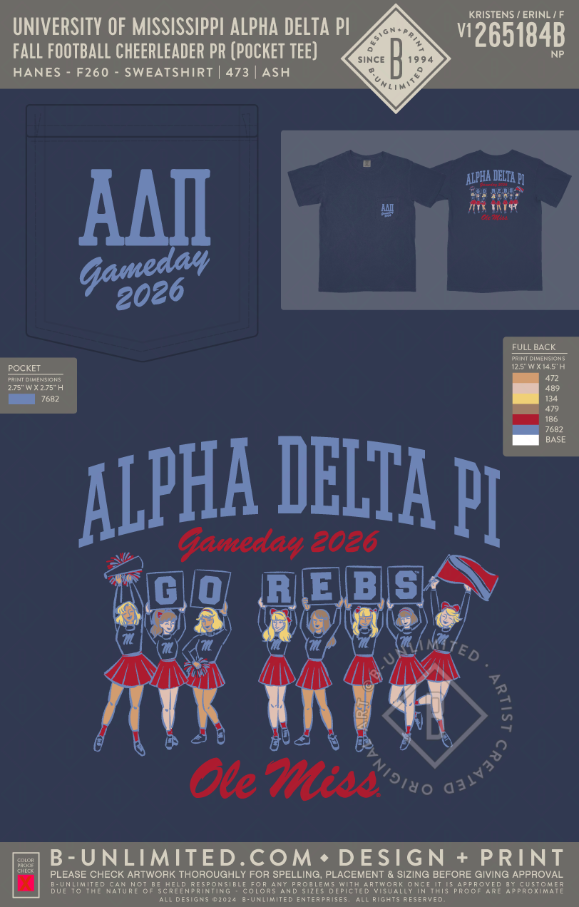 University of Mississippi Alpha Delta Pi - Fall Football Cheerleader PR (Pocket Tee) - CC - 6030 - SS Pocket - True Navy