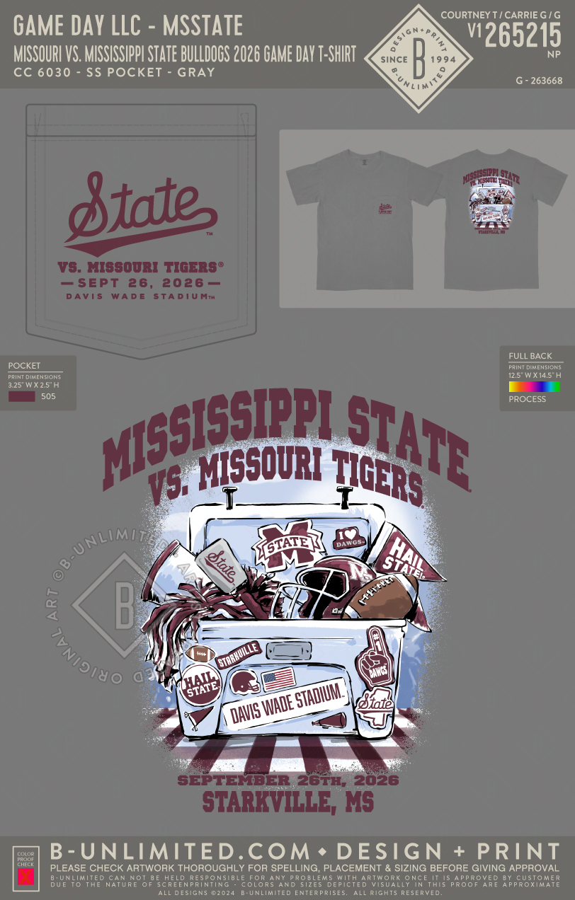 B-Unlimited Game Day - Missouri vs. Mississippi State Bulldogs 2026 Game Day T-Shirt (WS) - CC - 6030 - SS Pocket - Grey