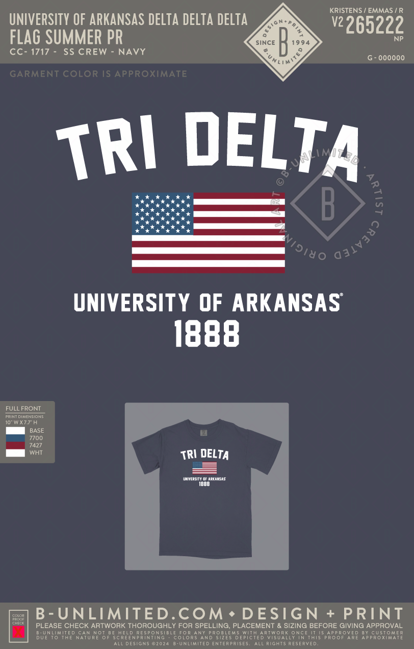 University of Arkansas Delta Delta Delta - Flag Summer PR - CC - 1717 - SS Crew - Navy