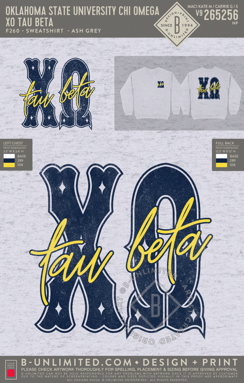 Oklahoma State University Chi Omega - XO Tau Beta - Hanes - F260 - Sweatshirt - Ash