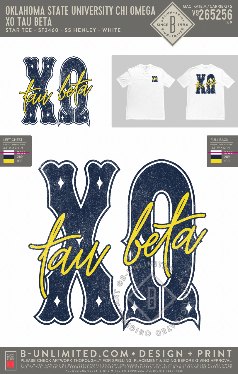 Oklahoma State University Chi Omega - XO Tau Beta - Star Tee - ST2460 - SS Henley - White