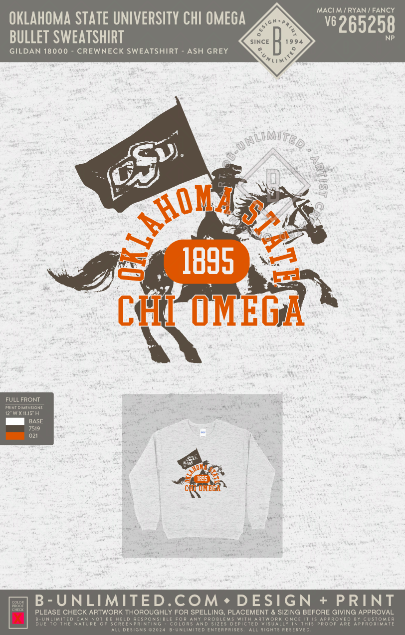 Oklahoma State University Chi Omega - Bullet Sweatshirt - Gildan - 18000 - Crewneck Sweatshirt - Ash Grey