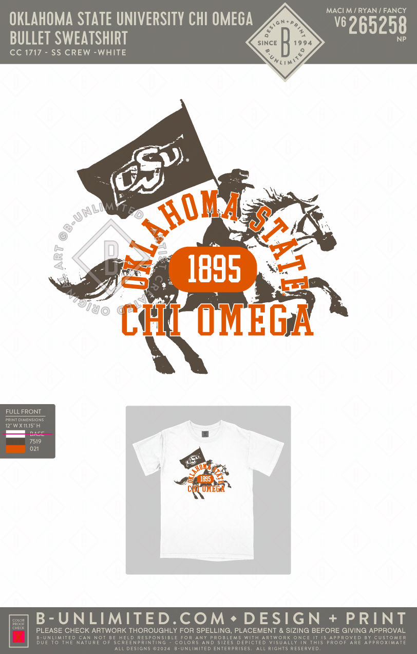 Oklahoma State University Chi Omega - Bullet Sweatshirt - CC - 1717 - SS Crew - White