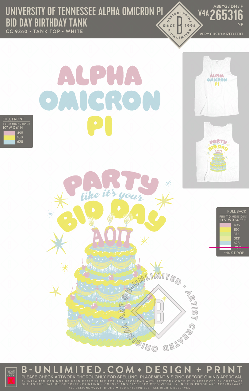 University of Tennessee Alpha Omicron Pi - Bid Day Birthday Tank - CC - 9360 - Tank Top - White