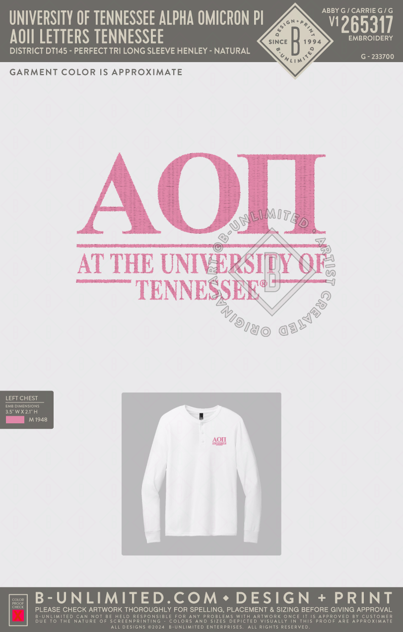 University of Tennessee Alpha Omicron Pi - AOII Letters Tennessee - District - DT145 - Perfect Tri Long Sleeve Henley - Natural