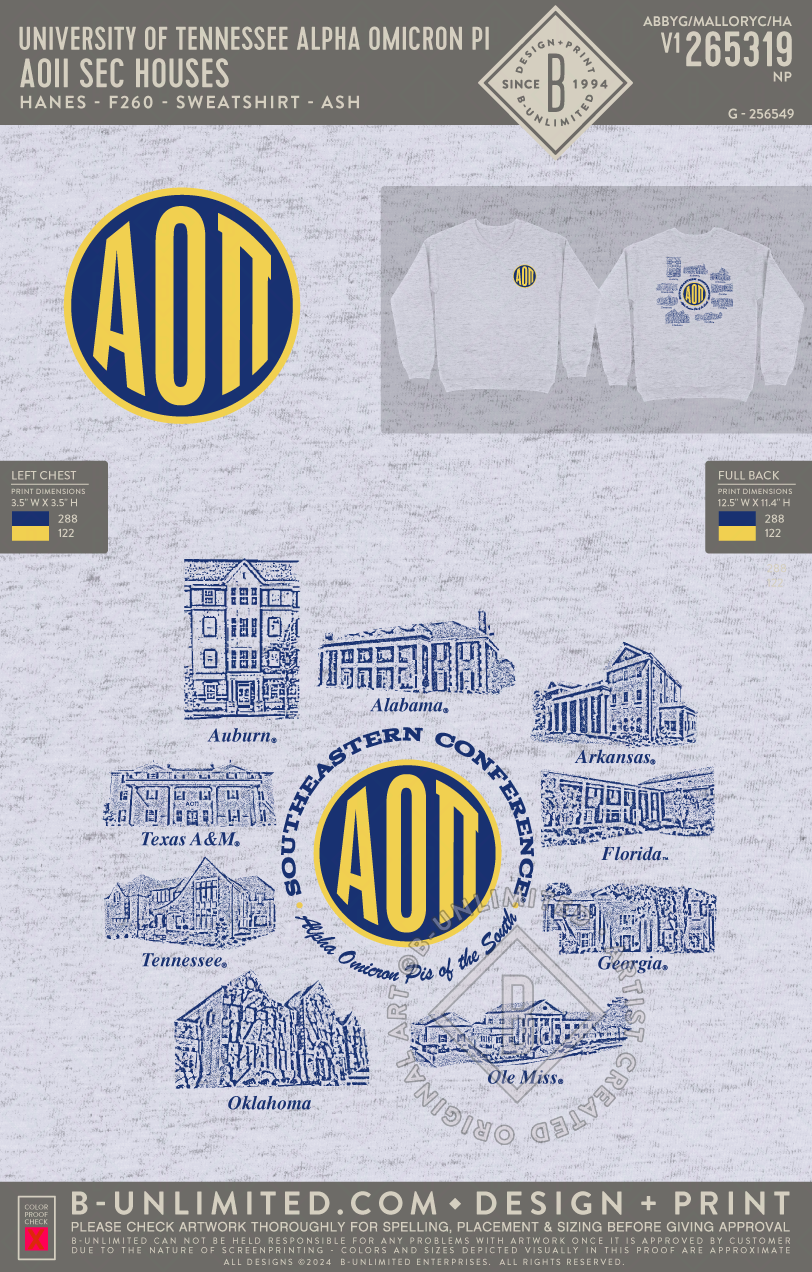University of Tennessee Alpha Omicron Pi - AOII SEC Houses - Hanes - F260 - Sweatshirt - Ash