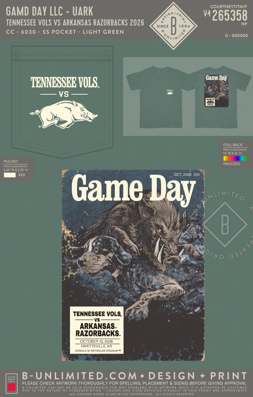 B-Unlimited Game Day - Tennessee Vols vs. Arkansas Razorbacks 2026 Game Day T-Shirt (WS) - CC - 6030 - SS Pocket - Light Green