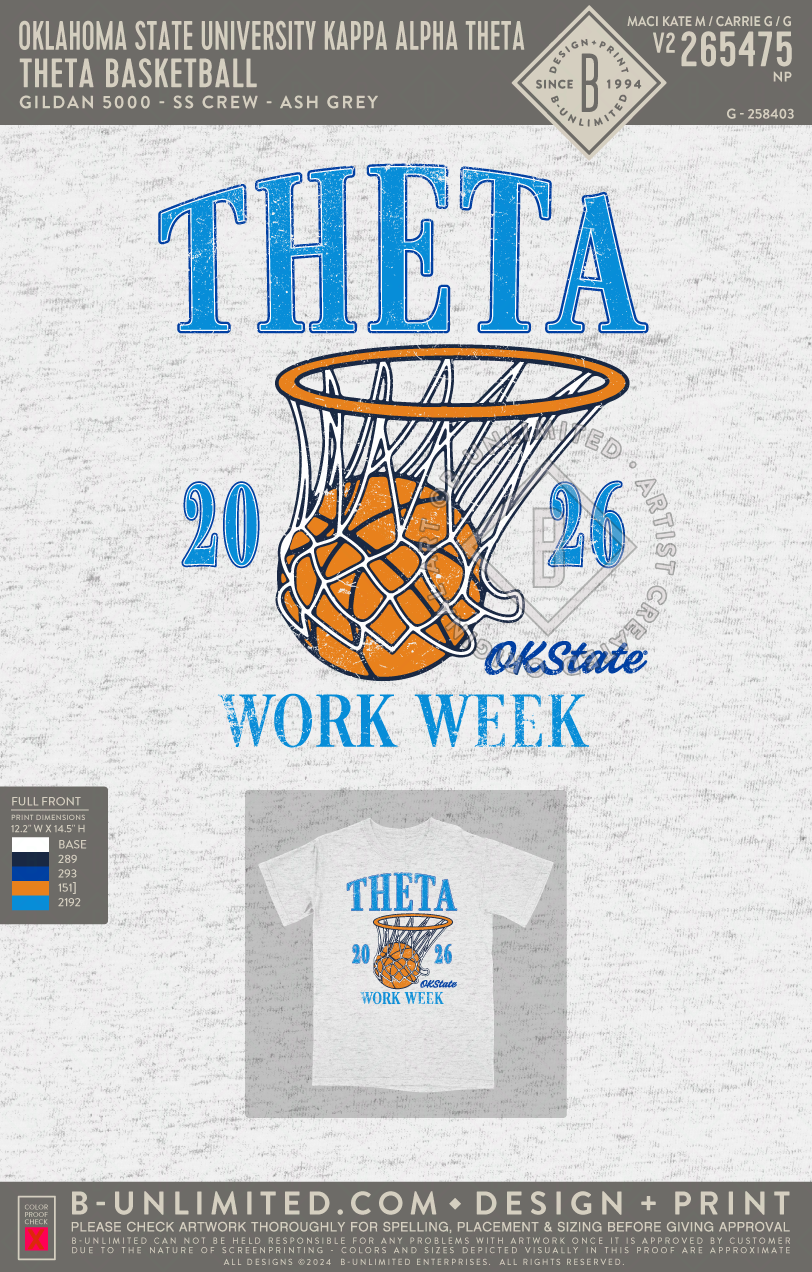 Oklahoma State University Kappa Alpha Theta - Theta Basketball - Gildan - 5000 - SS Crew - Ash Grey