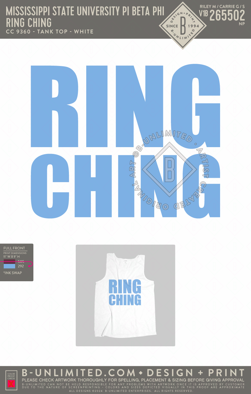 Mississippi State University Pi Beta Phi - Ring Ching - CC - 9360 - Tank Top - White