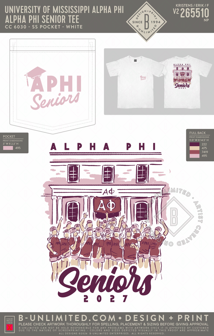 University of Mississippi Alpha Phi - Alpha Phi Senior Tee - CC - 6030 - SS Pocket - White
