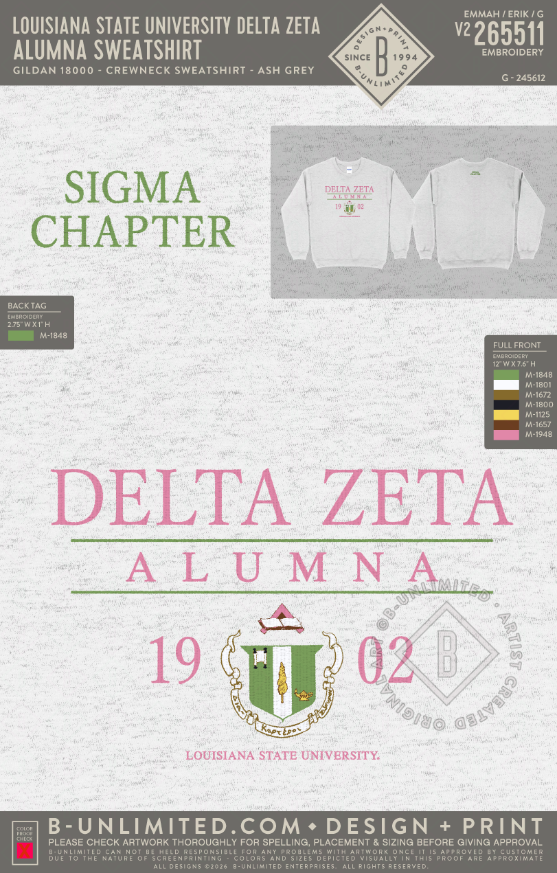 Louisiana State University Delta Zeta - Alumna Sweatshirt - Gildan - 18000 - Crewneck Sweatshirt - Ash Grey