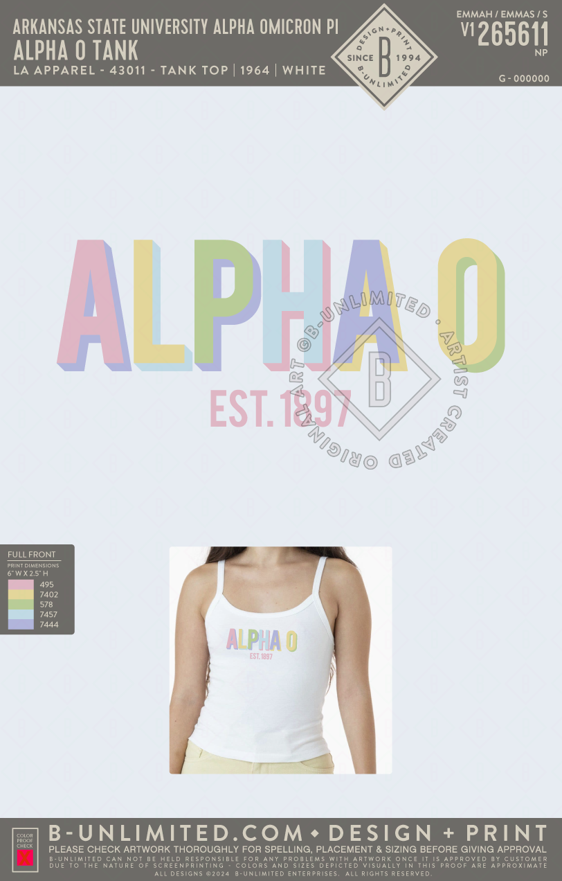 Arkansas State University Alpha Omicron Pi - Alpha O Tank - LA Apparel - 43011 - Tank Top - White