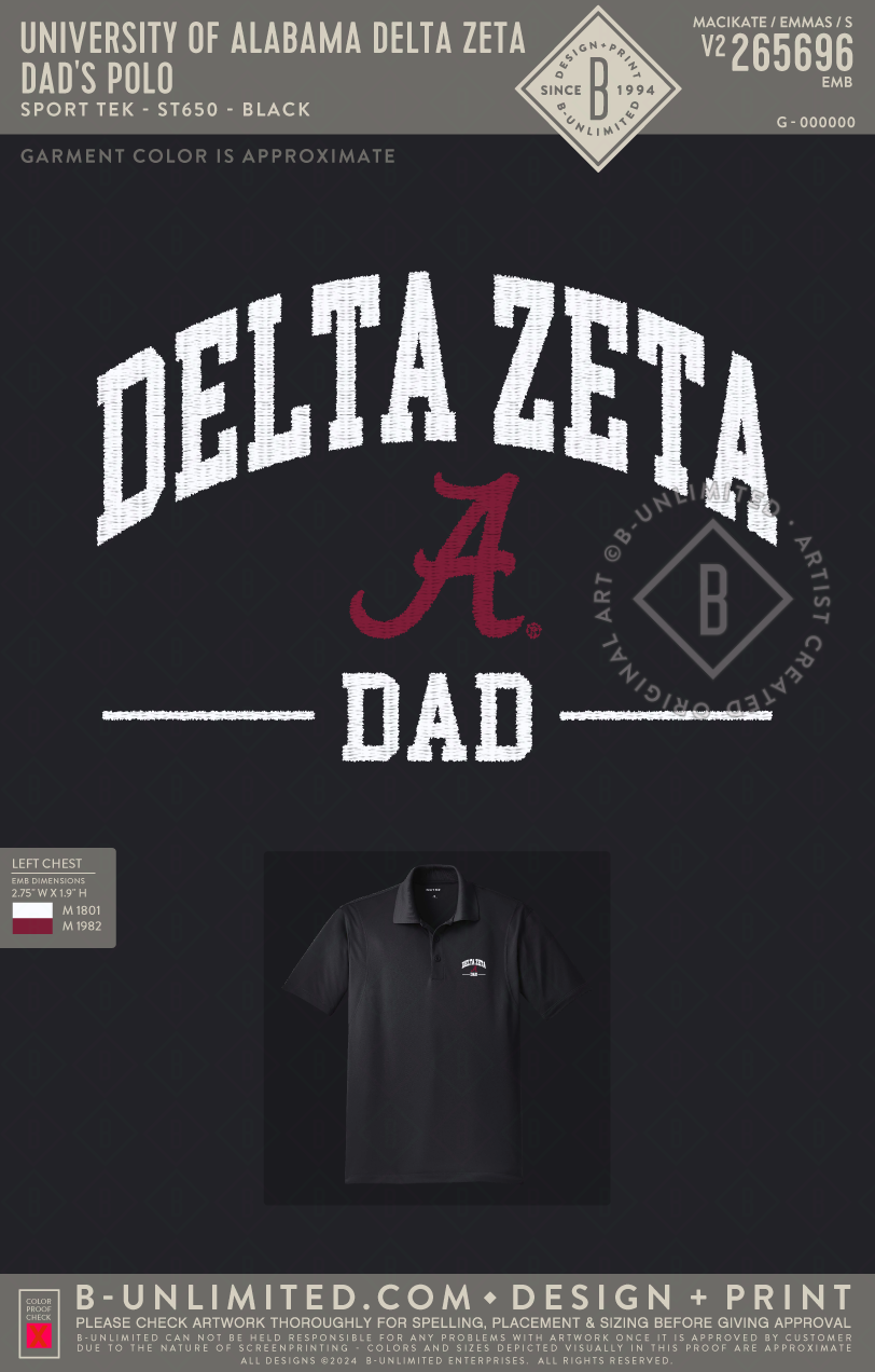 University of Alabama Delta Zeta - Dad's Polo - Sport Tek - ST650 - Polo - Black