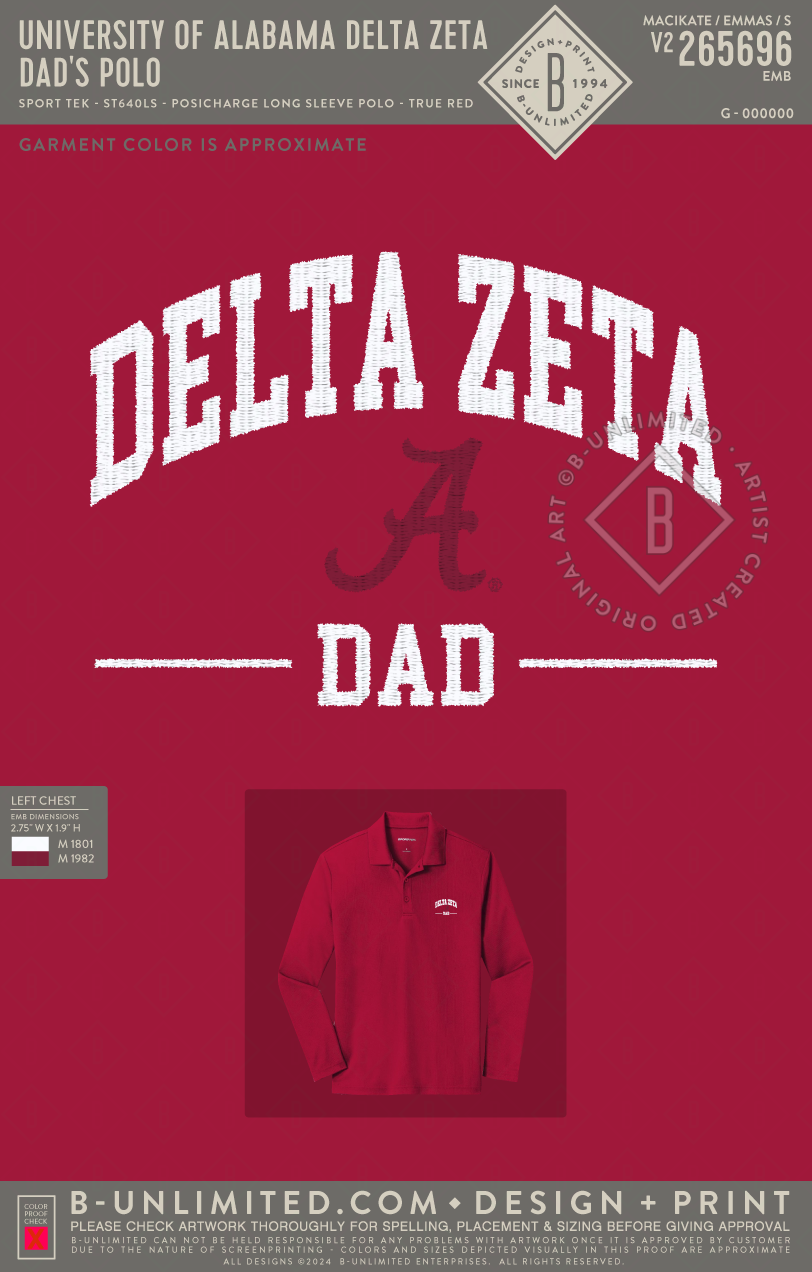 University of Alabama Delta Zeta - Dad's Polo - Sport Tek - ST640LS - PosiCharge Long Sleeve Polo - True Red