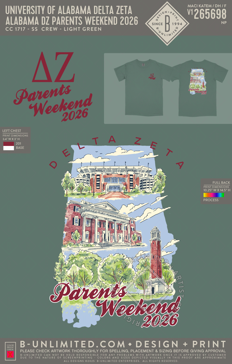University of Alabama Delta Zeta - Alabama DZ Parents Weekend 2026 Shirt - CC - 1717 - SS Crew - Light Green