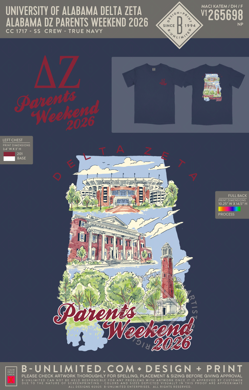 University of Alabama Delta Zeta - Alabama DZ Parents Weekend 2026 Shirt - CC - 1717 - SS Crew - True Navy