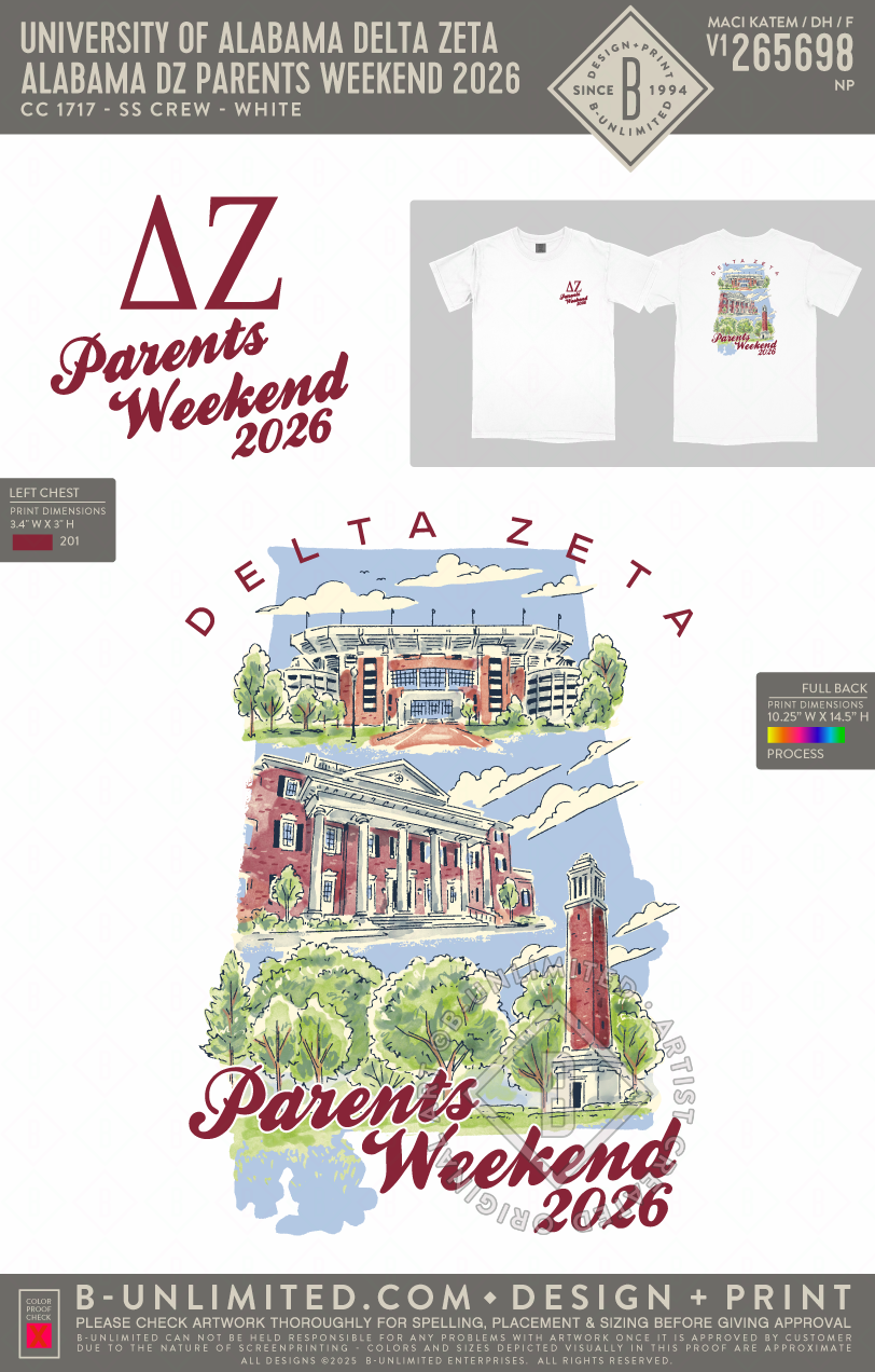 University of Alabama Delta Zeta - Alabama DZ Parents Weekend 2026 Shirt - CC - 1717 - SS Crew - White