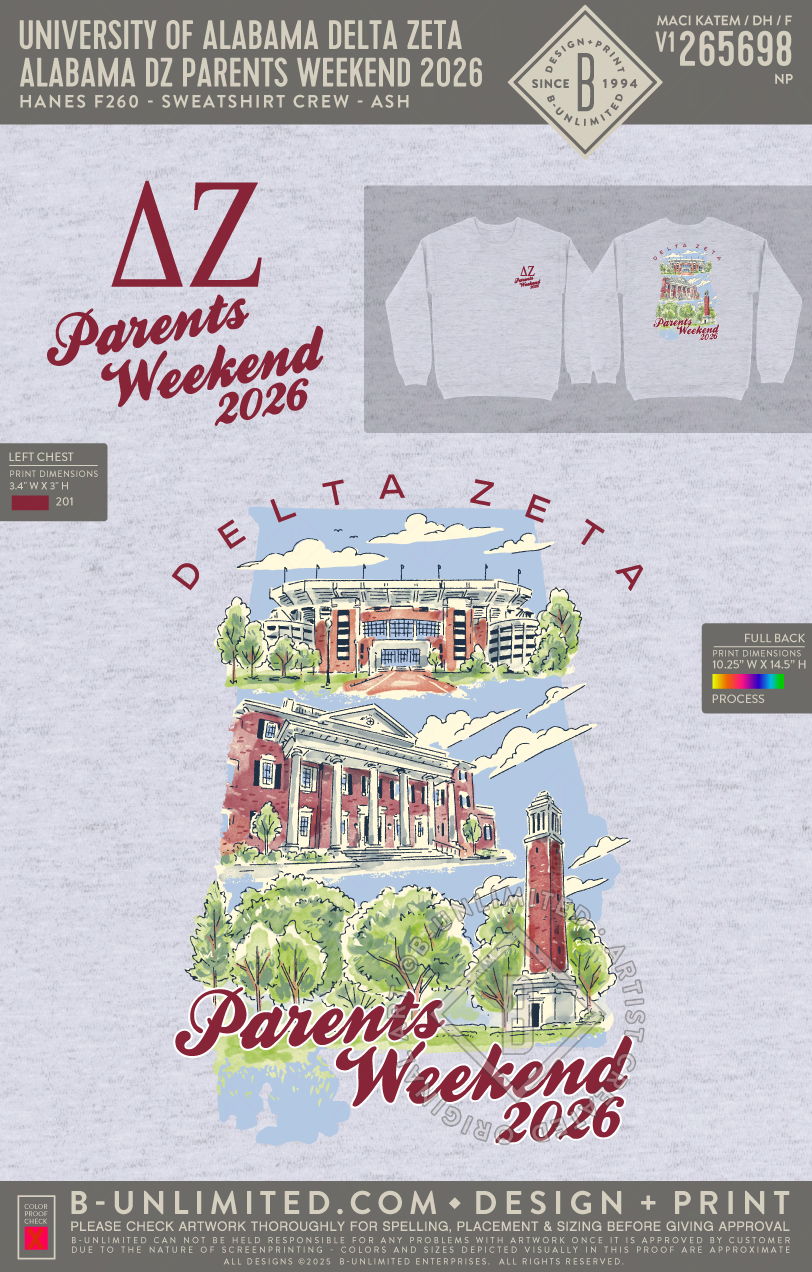 University of Alabama Delta Zeta - Alabama DZ Parents Weekend 2026 - Hanes - F260 - Sweatshirt - Ash