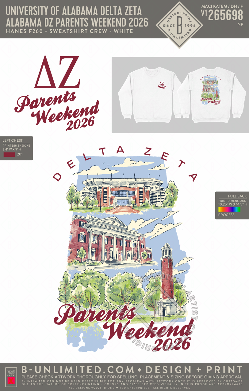 University of Alabama Delta Zeta - Alabama DZ Parents Weekend 2026 - Hanes - F260 - Sweatshirt - White