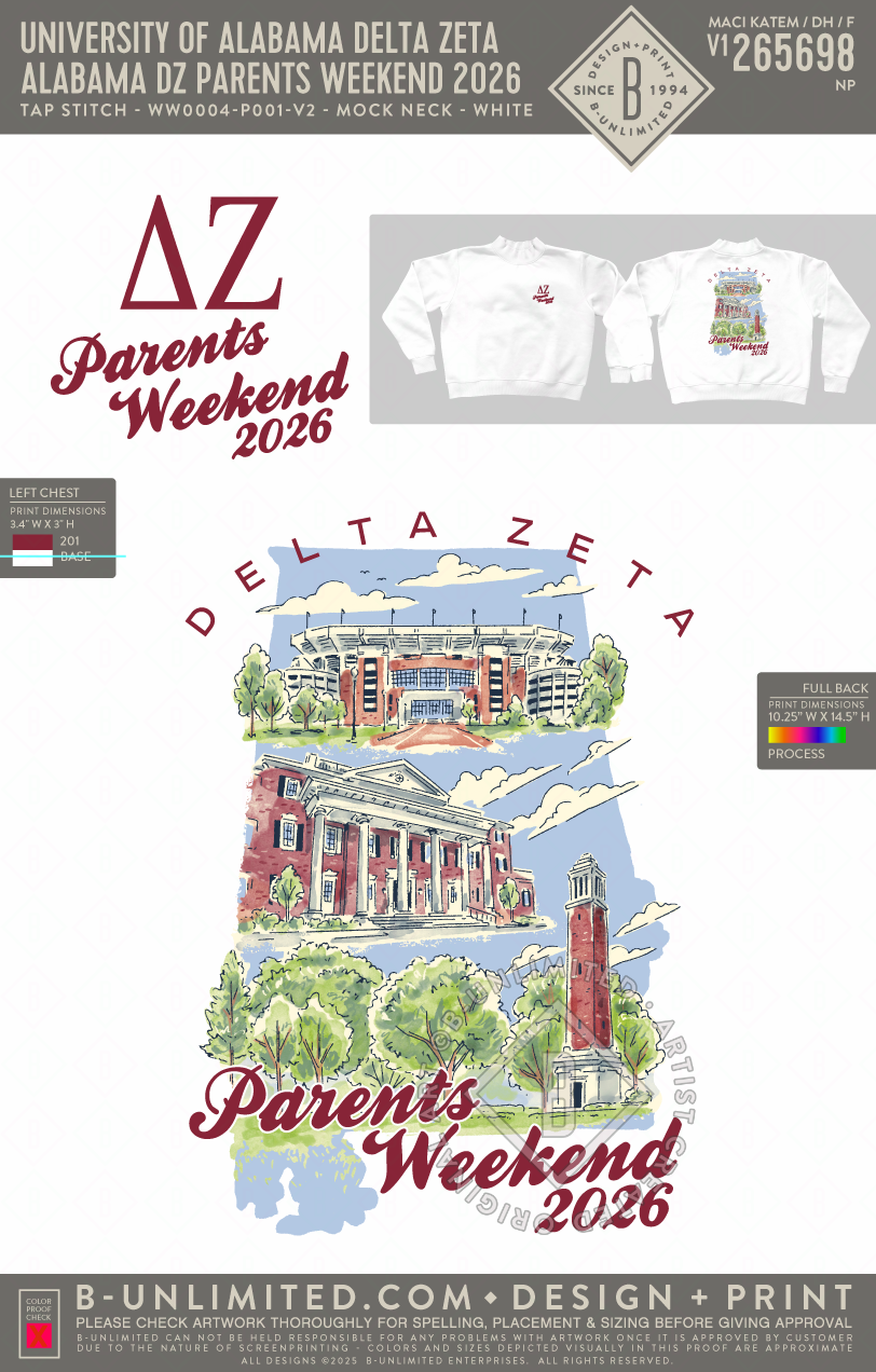 University of Alabama Delta Zeta - Alabama DZ Parents Weekend 2026 - Tap Stitch - WW0004-P001-V2 - Mockneck Crewneck Sweatshirt - White
