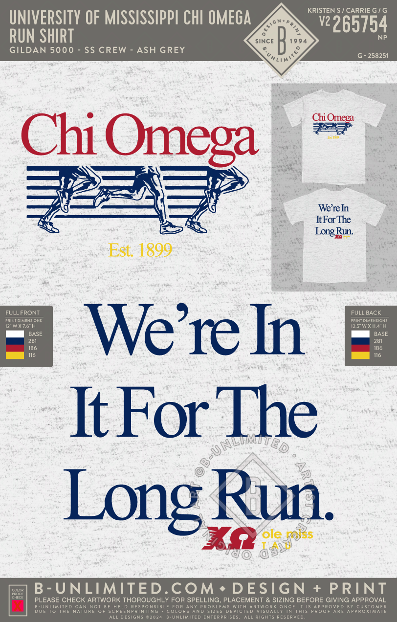 University of Mississippi Chi Omega - Run Shirt - Gildan - 5000 - SS Crew - Ash Grey